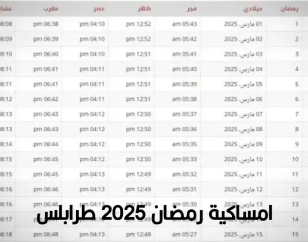 امساكية رمضان 2025 لمدينة طرابلس في ليبيا