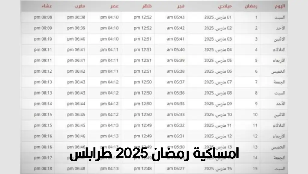 امساكية رمضان 2025 لمدينة طرابلس في ليبيا